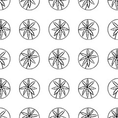 Fototapeta premium Black and white seamless pattern with hemp stems located in a line and in circles. Idea for packaging, textiles, coloring
