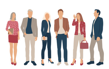Fototapeta premium Set of men and women, different colors, cartoon character, group of silhouettes standing business people, flat icon design concept isolated on white background
