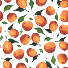 Apricots juicy bright fruits seamless pattern. Manual illustration in gouache. Design for wallpaper, background, fabric, textile, cafe, restaurant, resort, exotic, packaging.