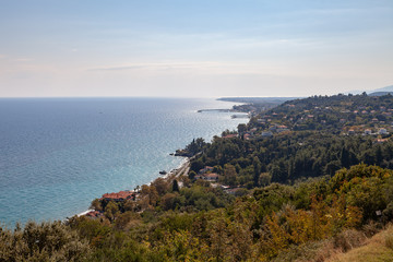 Aerial view of villages and coastline from the castle of Platamon, Pieria, Macedonia, Greece
