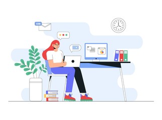 Freelance, online education or social media concept. Home office concept, woman working from home with laptop. Flat style vector illustration.