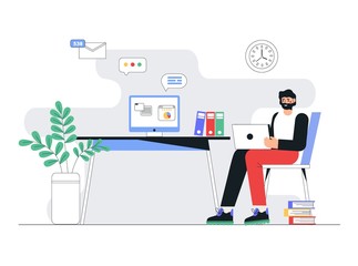 Freelance, online education or social media concept. Home office concept, man working from home with laptop. Flat style vector illustration.