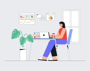 Naklejka na ściany i meble Freelance, online education or social media concept. Home office concept, woman working from home with laptop. Flat style vector illustration.