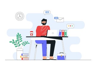Flat vector concept illustration. A man freelancer working at home with laptop. Home office concept.