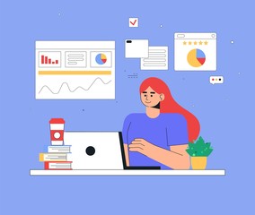 Woman freelancer working at home with laptop. Home office concept, online education or social media concept. Flat style vector illustration. 