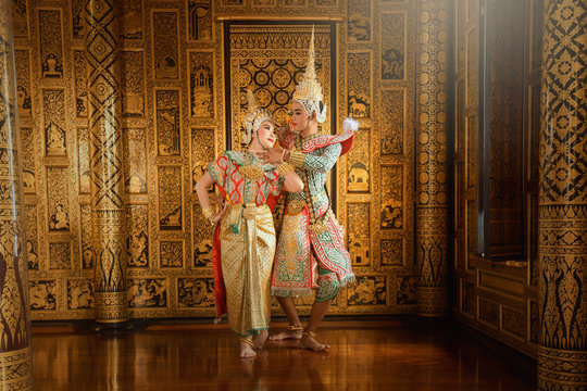 Art culture Thailand Dancing in masked khon in literature ramayana,thailand culture Khon,Vintage stlye,Thailand .