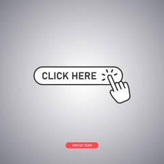 Click here button for your design isolated on gray background. Line style. 