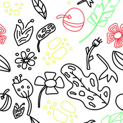 Cute hand drawn seamless pattern of graphic leaves and herbal elements. Doodle vector illustration for boho style wedding design, logo, posters and greeting cards.