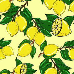 Seamless vector illustration with lemons with leaves on yellow background. Good for printing. Wallpaper, fabric and textile design. Wrapping paper pattern. Cute design.