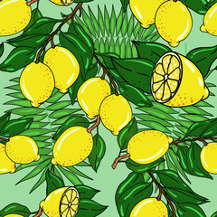 Seamless vector pattern with lemons and tropical leafs on white background. Good for printing. Wallpaper, fabric and textile design. Cute wrapping paper pattern 