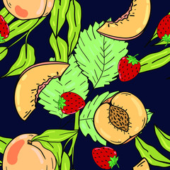 Seamless vector pattern with peaches, strawberries and branch with leaves on blue background. Wallpaper, fabric and textile design. Good for printing. Cute wrapping paper pattern with fruits.