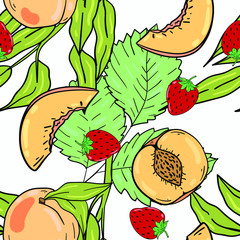 Seamless vector illustration with peaches, strawberries and leaves on white background. Good for printing. Wallpaper, fabric and textile design. Wrapping paper pattern. Cute design.