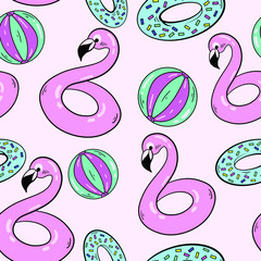 Seamless vector pattern with swimming flamingo circle and swimming boll on pink background. Good for printing. Wallpaper, fabric and textile design. Cute colorful wrapping paper pattern.