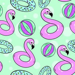 Seamless vector pattern with swimming flamingo circle and swimming boll on blue background. Good for printing. Wallpaper, fabric and textile design. Cute colorful wrapping paper pattern.