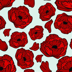 Seamless vector pattern with poppy flower on light blue background. Wallpaper, fabric and textile design. Good for printing. Floral background. Cute wrapping paper pattern with fruits.