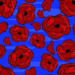 Seamless vector pattern with poppy flower on blue background. Wallpaper, fabric and textile design. Good for printing. Floral background. Cute wrapping paper pattern with fruits.