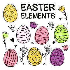 Set for easter decoration. Painted eggs and flowers in doodle style. Multi-colored watercolor stains. Vector elements for the design of Easter cards, posters and banners.