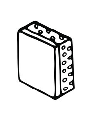 Hand drawn vector illustration with sponge for washing dishes, bathtubs, sinks, body washcloth. Isolated image on white background for flyers, banners and other printed materials.