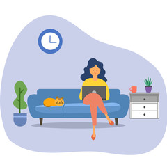 A woman working at home concept vector illustration on white background. Freelancer character working from home using laptop sitting in cozy armchair with cute cat. Home office. Remote work.