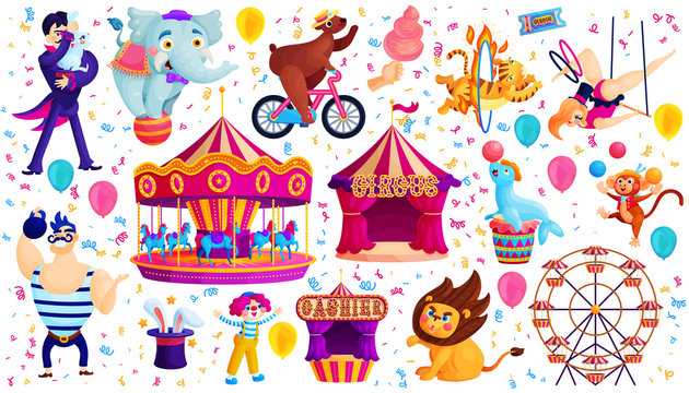 Vintage circus show flat vector stickers set