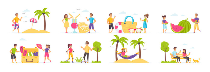 Summer holidays set with people characters in various situations. Happy people relaxing at beach with palms, eating watermelon and ice cream, sunbathing and skateboarding. Bundle of tropical vacation