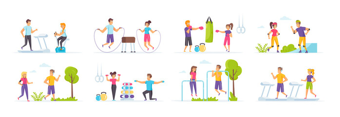 Outdoor fitness set with people characters in various scenes. Man and woman jogging and riding on roller skates in park, jumping with rope, lifting dumbbells and boxing in gym bundle in flat style.