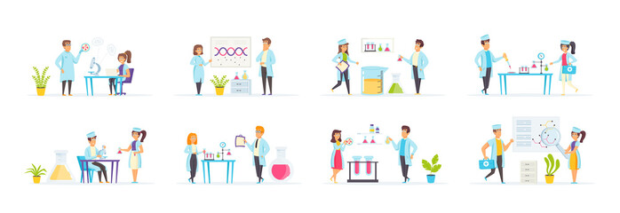 Medical laboratory set with people characters in various scenes. Researchers working in science laboratory, dna expertise and virus vaccine development. Bundle of pharmacy engineering in flat style.