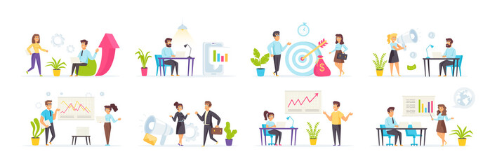 Digital marketing set with people character in various scenes. Business analyst presenting marketing research, marketer with megaphone. Bundle of business analysis and targeted marketing in flat style