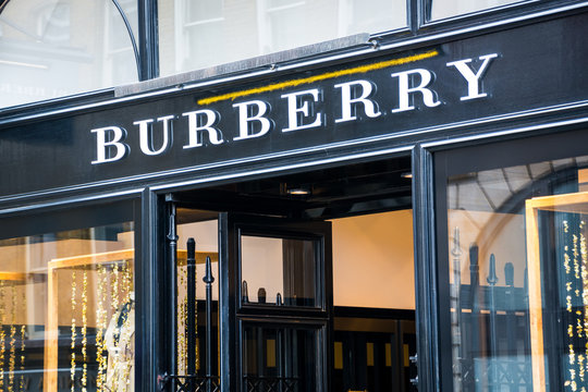 LONDON- MARCH, 2019: Burberry store logo in Covent Garden. A luxury British  fashion brand Stock Photo | Adobe Stock