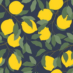 Modèle sans couture de citrons. Citrons sur les branches avec des feuilles sur fond bleu foncé.