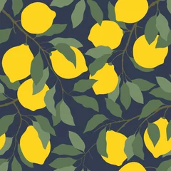 Cercles muraux Citrons Modèle sans couture de citrons. Citrons sur les branches avec des feuilles sur fond bleu foncé.