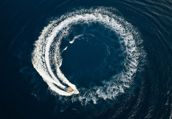 Speed boat in mediterranean sea, aerial view