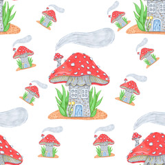 seamless pattern house mushroom