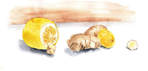 watercolor food lemon and ginger