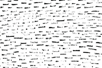 Grunge texture of horizontal short dashes. Monochrome background of unevenly colored black and white dashes. Vector illustration. Overlay template.
