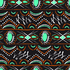 Seamless geometric pattern with ethnic pattern. Vector texture in brown, turquoise, orange and white colors.
Print for textiles, fabrics, backgrounds, accessories, wrapping paper, wallpaper.