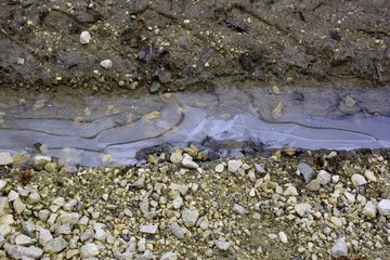 frozen puddle on dirt road in late winter, rural scene with frozen puddle between car tracks in wet soil and pebbles close-up