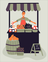 Farmers market stand with organic produce. Flat cartoon illustration of local market stall with vegetables, eggs, jam. Farmer sells organic food at the market. Eat local vector illustration.