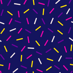 Sprinkles seamless pattern in Memphis style. Modern abstract geometric background: colorful lines on blue background. Wallpaper, wrapping, fabric, textile design. 