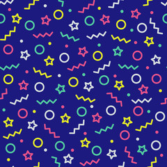 Abstract modern seamless pattern. Memphis style background with various shapes: zigzag, star, circle, dot. Kids fabric, textile, wallpaper, wrapping design.