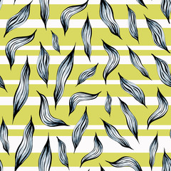 seamless pattern of blue leaves on a yellow and white striped background. Botanical pattern for Wallpaper design, packaging, postcards