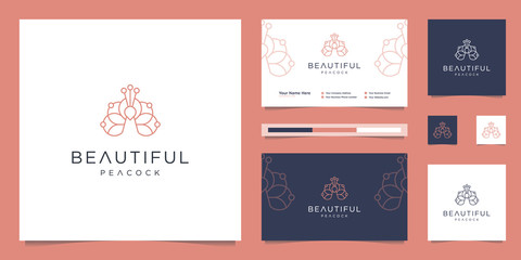 logo design beautiful peacock and business card template. minimalist luxury fashion line designs, jewelry, salon, spa.