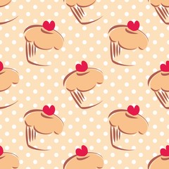 Seamless vector pattern or texture with cupcakes, muffins, sweet cake with red heart on top and white polka dots on beige background with sweets for desktop wallpaper or culinary blog website