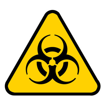 biohazard warning symbol on yellow black triangle caution sign, virus infection warning sign