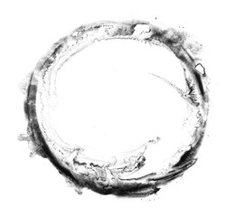 Circle wotercolor frame. Round grunge black frame. Brush stroke circle texture in black. Isolated on white. Place for text.