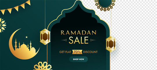 Fototapeta na wymiar Islamic Holy Month of Ramadan Sale Banner with Golden Crescent Moon and Mosque on Green Background.