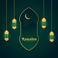 Islamic Holy Month of Ramadan Kareem concept with hanging lanterns, crescent golden moon and mosque on green background.