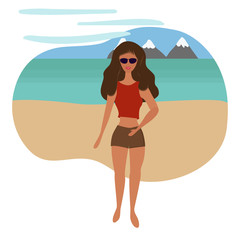 Beautiful girl in shorts and sunglasses on the beach.