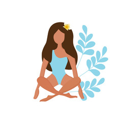 The girl is sitting in a blue swimsuit.