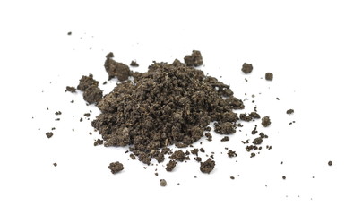 Organic soil isolated on white background. Dirty earth on white background. Natural soil texture. Patch of soil or mud.